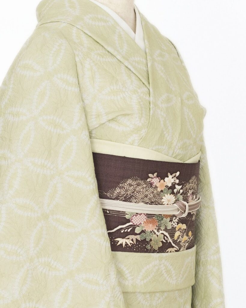 大島紬・有松鳴海絞りの着物と成謙別注の御所解帯のコーディネート