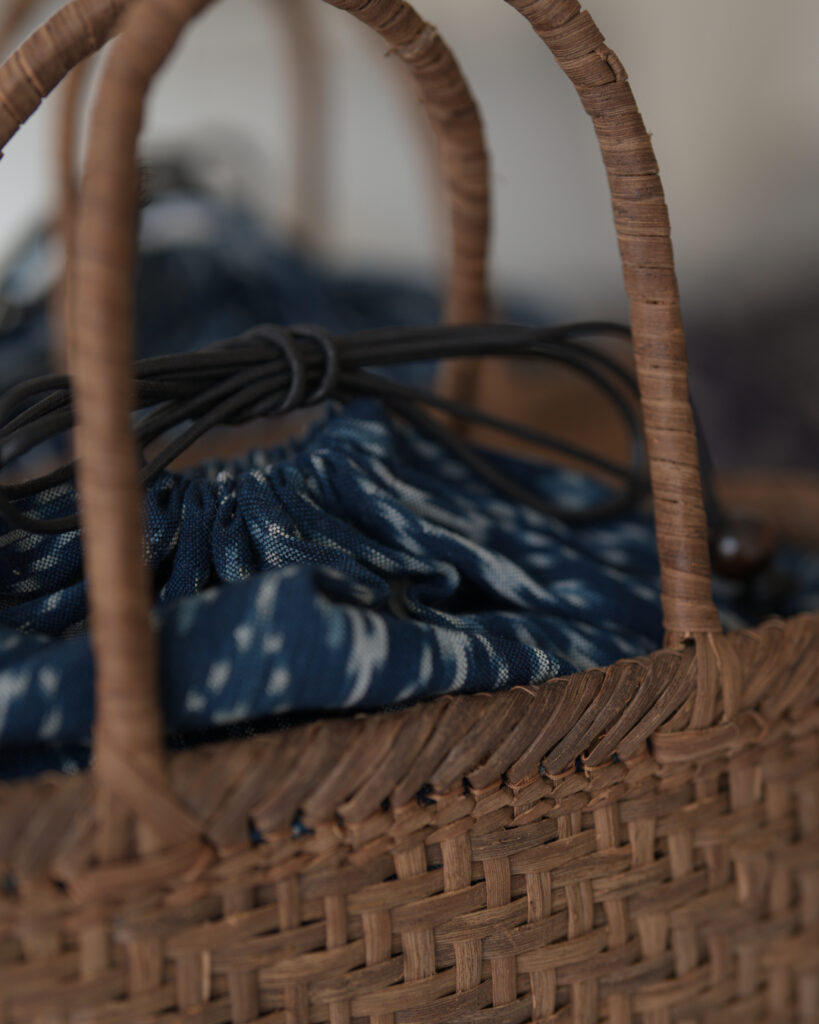 純国産 山葡萄蔓のバッグ×手織絣綿布 千成堂別注